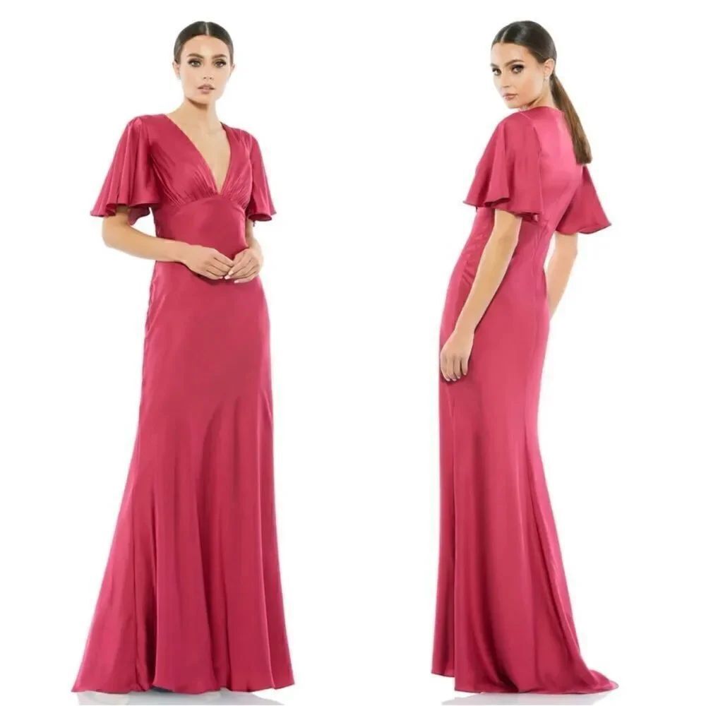 Mac Duggal NWT V-Neck Short Flounce Sleeve A-Line Dress in Raspberry Siz…